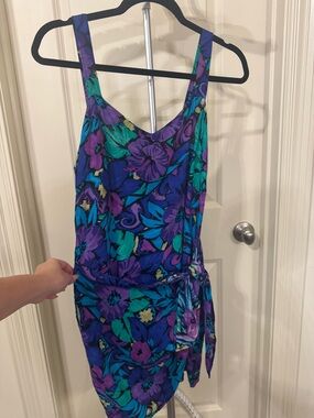 Floral Purple & Teal Tie-Waist Mini Dress